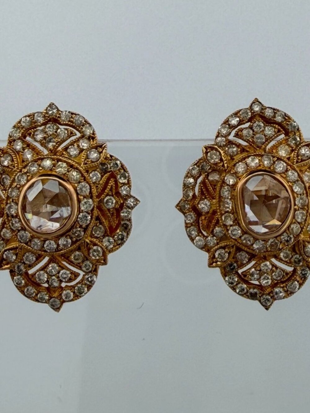 Natural Rose Cut & Round Brilliant Diamond Earrings 14K Yellow Gold Vintage 2CTW